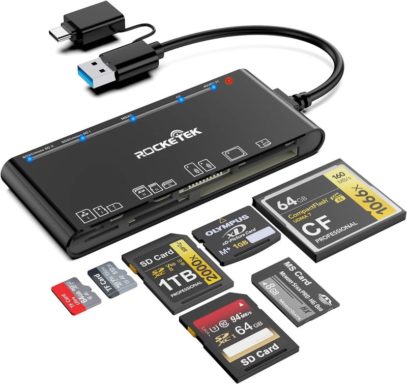 Rocketek xD-Picture Card Reader USB 3.0, Memory Card Reader for xD/CF/MS/SD/TF Card - 7-in-1 Card Reader/Adapter for Windows, Mac, iOS, Android(USB-A + USB-C) - Image 1